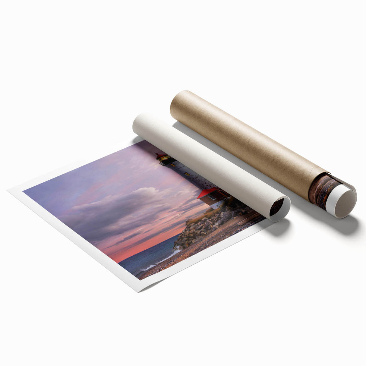 Vibrant rolled print of a coastal lighthouse landscape, showcasing vivid blues and greens, perfect for adding a serene nautical theme to any room decor.
