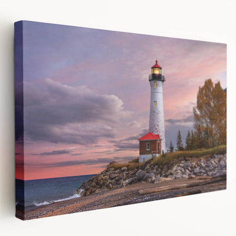 Stretched canvas wall art showcasing a serene lighthouse landscape design, featuring vibrant colors of blue and white, ideal for coastal home decor. Perfect for creating a calming ambiance in living spaces or offices.