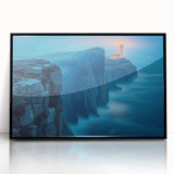 Framed black acrylic wall art featuring a serene lighthouse landscape design, ideal for home decor; perfect for nautical-themed interiors.