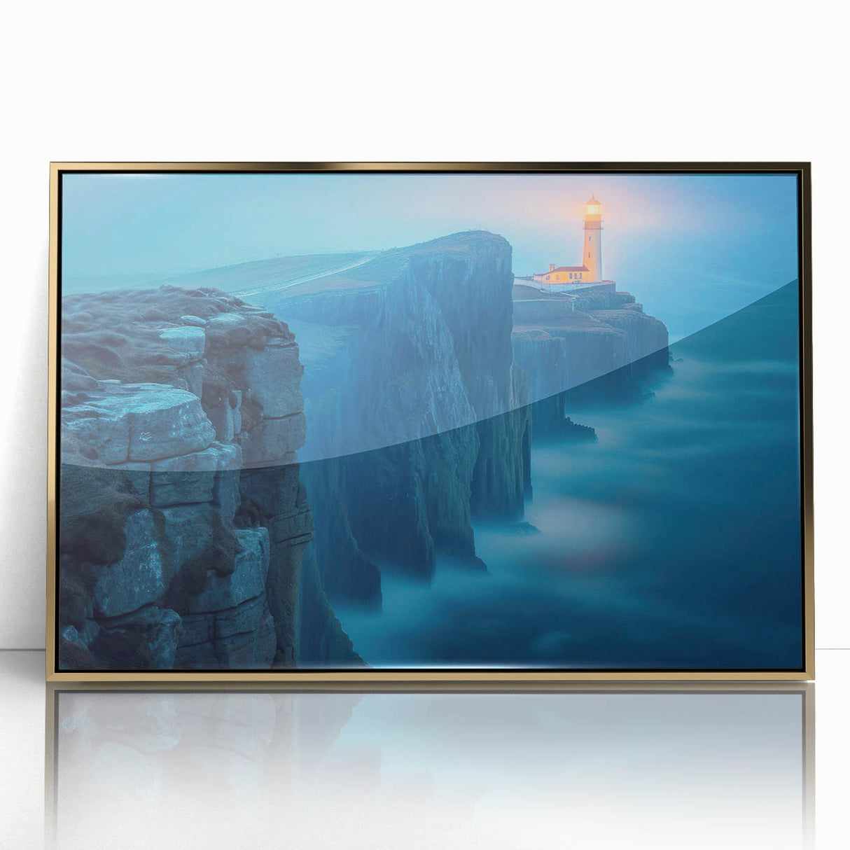 Framed wall art featuring a golden-accented lighthouse design, showcasing vibrant coastal colors and an elegant acrylic finish, perfect for enhancing home decor.