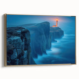 Framed canvas wall art featuring a coastal lighthouse design, highlighted by a gold frame, set against a serene landscape backdrop, perfect for home decor.