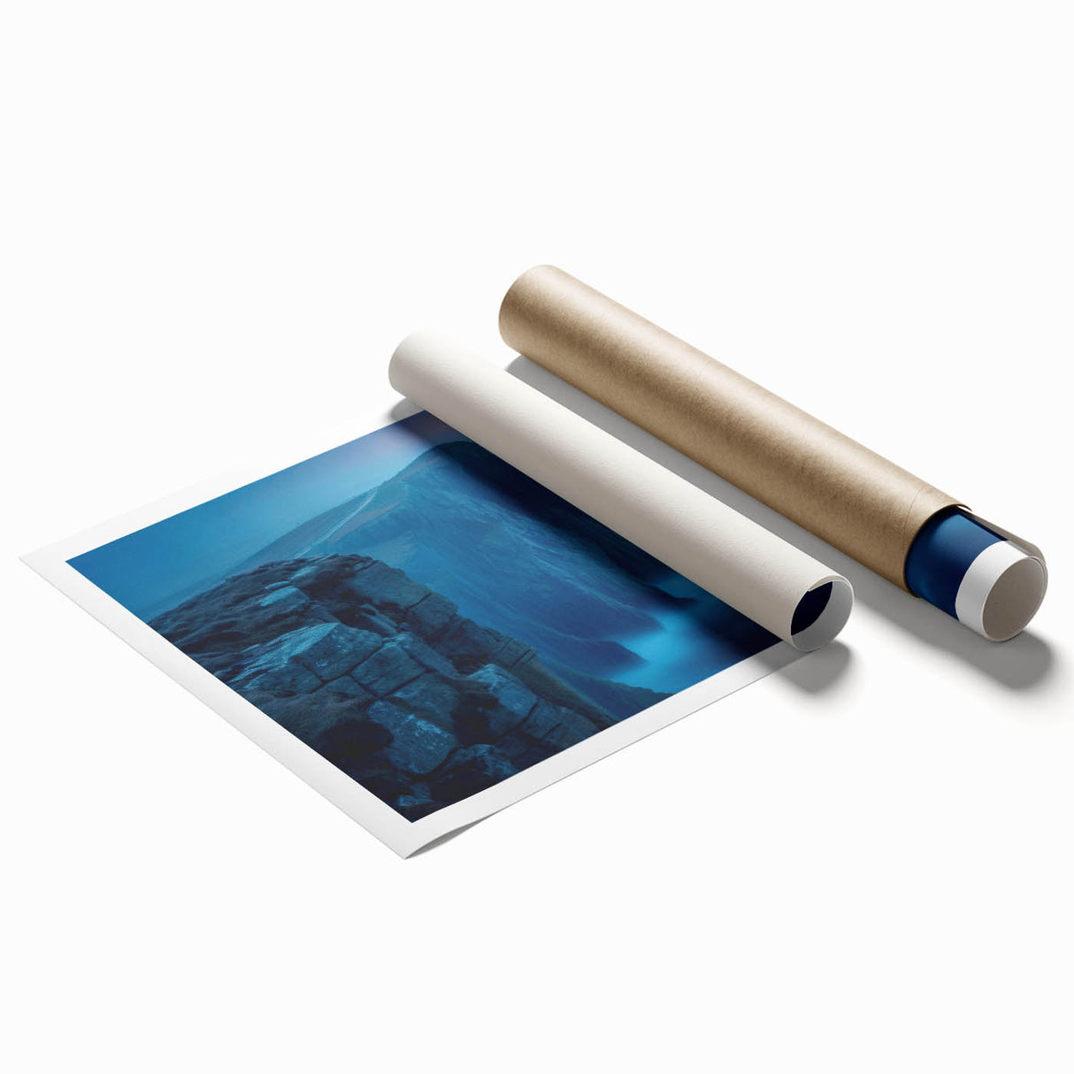 Lighthouse landscape wall art print featuring vibrant blues and greens, showcasing a serene coastal scene ideal for home decor. Rolled canvas ready for framing.