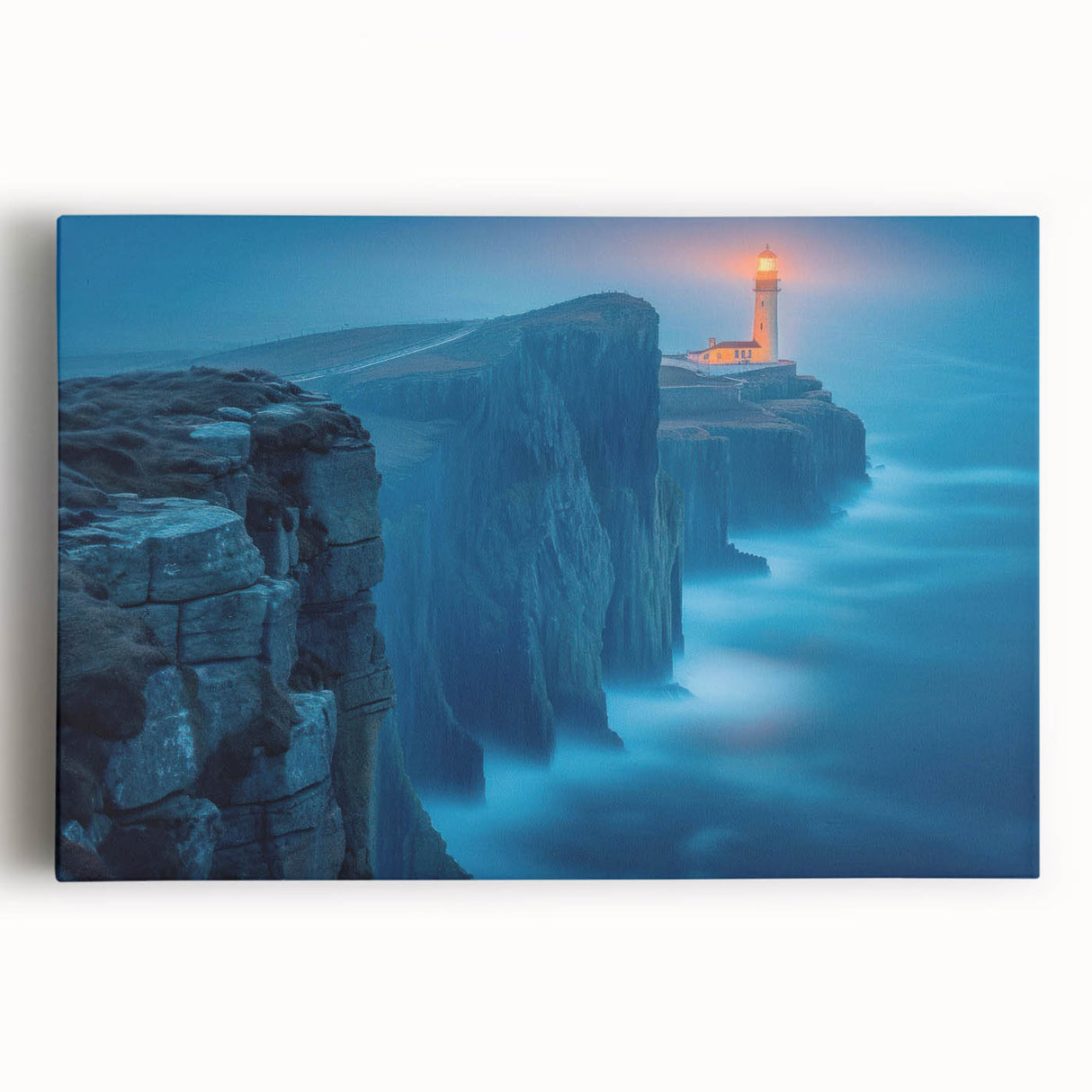 Stretched canvas wall art showcasing a serene coastal lighthouse scene, with vibrant colors and intricate details, perfect for enhancing home decor and coastal themes.