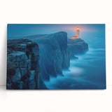 Stretched canvas wall art featuring a serene coastal landscape with a lighthouse, blending soft blues and greens, perfect for nautical home decor.