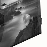 Close-up view of a vibrant lighthouse landscape wall art design on acrylic glass, showcasing rich colors and intricate details, perfect for coastal decor enthusiasts.