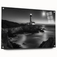 Acrylic glass wall art showcasing a coastal lighthouse design in vibrant colors, viewed from the side with decorative pins. Ideal for enhancing modern interior decor.