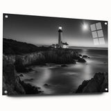 Acrylic glass wall art showcasing a coastal lighthouse design in vibrant colors, viewed from the side with decorative pins. Ideal for enhancing modern interior decor.