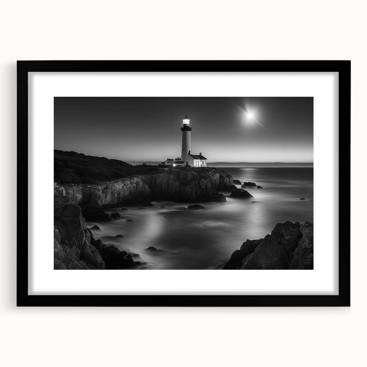 Framed wall art featuring a serene lighthouse landscape design with matting, showcasing a black frame, perfect for coastal-themed decor in living spaces.