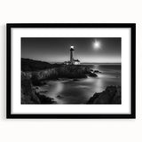 Framed wall art featuring a serene lighthouse landscape design with matting, showcasing a black frame, perfect for coastal-themed decor in living spaces.