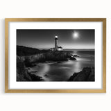Framed wall art collection featuring a scenic lighthouse design, elegantly matted in gold, showcasing vibrant colors and intricate details perfect for coastal decor enthusiasts.
