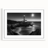 Framed wall art featuring a serene lighthouse landscape design in a white mat and frame, perfect for coastal decor and enhancing home aesthetics.