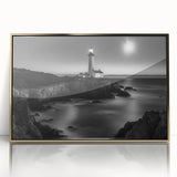 Framed wall art featuring a coastal landscape with a lighthouse, set in an elegant gold frame, showcasing vibrant colors and intricate details, perfect for home decor.