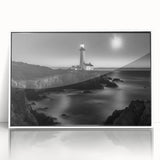 Framed wall art featuring a serene lighthouse landscape design in a white frame, showcasing vibrant colors and coastal scenery, ideal for home decor.