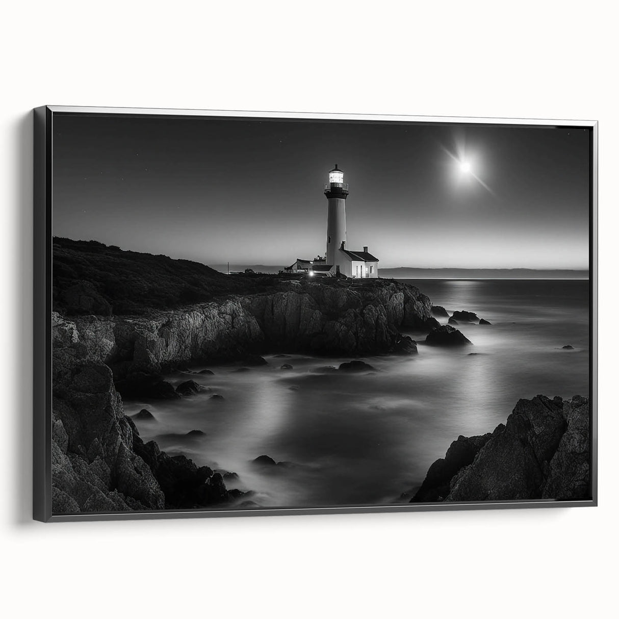 Framed canvas wall art showcasing a serene lighthouse landscape design, featuring vibrant colors and detailed brushwork, perfect for coastal-themed decor.