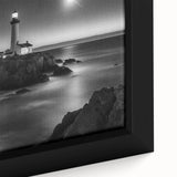 Framed canvas wall art depicting a serene coastal landscape featuring a lighthouse, with vibrant colors and intricate details, perfect for home decor.