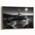 Framed canvas wall art showcasing a serene lighthouse design with a golden border, set against a tranquil seascape, ideal for coastal-themed home decor.