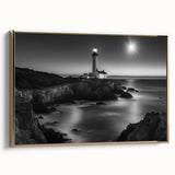 Framed canvas wall art showcasing a serene lighthouse design with a golden border, set against a tranquil seascape, ideal for coastal-themed home decor.