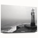 Acrylic glass wall art collection showcasing a vibrant lighthouse landscape design with a side view, accented by decorative pins, perfect for coastal-themed decor.