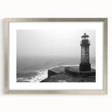 Framed silver wall art featuring a serene lighthouse landscape design, elegantly matted for enhanced presentation, ideal for coastal-themed decor.