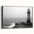 Framed canvas wall art showcasing a striking lighthouse design against a vibrant landscape, featuring a black frame and side view, perfect for home decor.