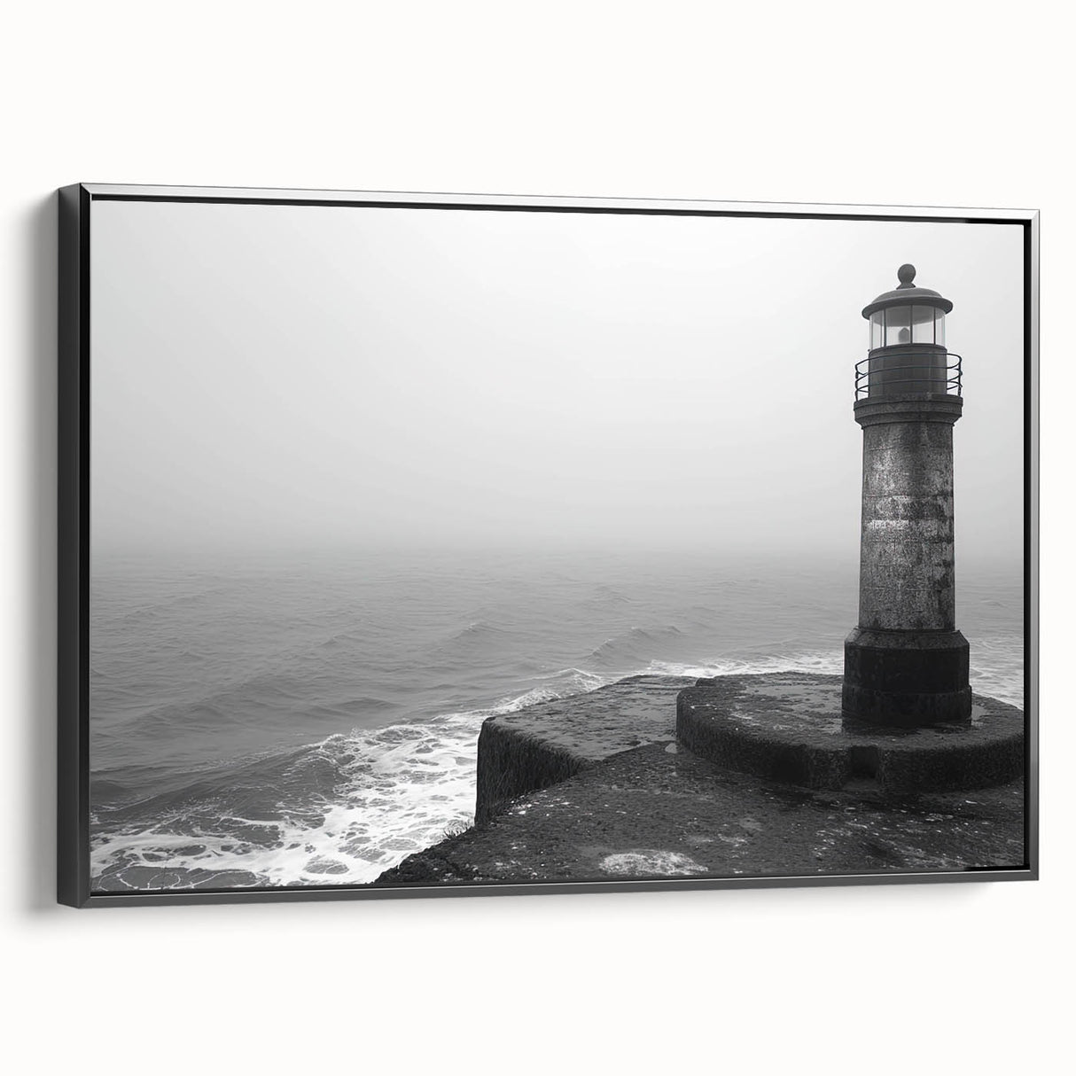 Framed canvas wall art showcasing a striking lighthouse design against a vibrant landscape, featuring a black frame and side view, perfect for home decor.
