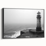 Framed canvas wall art showcasing a striking lighthouse design against a vibrant landscape, featuring a black frame and side view, perfect for home decor.