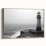 Framed canvas wall art showcasing a serene lighthouse landscape design with golden accents, perfect for adding a coastal touch to home decor.