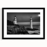 Framed wall art collection featuring a serene lighthouse landscape design with a black frame and mat, ideal for coastal-themed home decor.