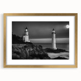 Framed wall art featuring a serene lighthouse landscape design in muted colors, elegantly presented with a gold mat, perfect for coastal decor enthusiasts.