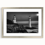 Framed wall art collection featuring a silver-matted landscape design of a lighthouse, showcasing vibrant colors and intricate details, perfect for home decor.