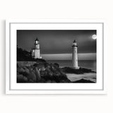 Framed wall art featuring a scenic lighthouse design in a coastal landscape, presented with a white mat for an elegant look, ideal for nautical-themed decor.