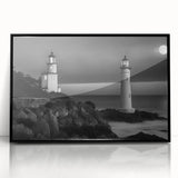 Framed acrylic wall art featuring a scenic lighthouse design, presented in a sleek black frame, ideal for coastal-themed home decor. This piece adds a serene touch to any interior space.