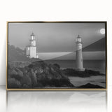 Framed acrylic wall art featuring a coastal lighthouse design with a golden frame, ideal for enhancing home decor and adding a nautical touch to interiors.