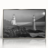 Framed wall art featuring a serene lighthouse landscape design with a silver-acrylic front, perfect for coastal-themed home decor, adding elegance and tranquility to any space.