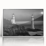 Framed wall art featuring a coastal lighthouse design, showcasing vibrant colors and intricate details against a serene landscape, perfect for nautical decor.