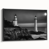 Framed canvas wall art showcasing a serene lighthouse landscape design with vibrant colors, featuring a black frame and side view perspective, perfect for coastal decor.
