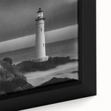 Close-up of a framed canvas wall art piece showcasing a serene coastal lighthouse landscape, featuring soft blue hues and detailed brushstrokes, ideal for home decor.