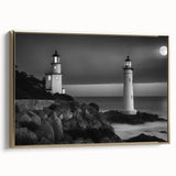 Framed canvas wall art showcasing a scenic lighthouse design with a golden frame, perfect for coastal-themed home decor, adding elegance and warmth to any room.