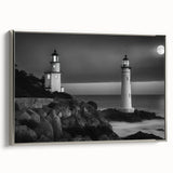 Framed wall art featuring a serene lighthouse landscape, with vibrant colors and silver accents, perfect for coastal home decor. Ideal for adding a touch of tranquility to any room.