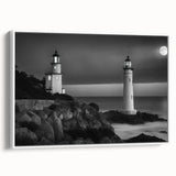 Framed wall art featuring a serene lighthouse landscape design, showcasing soft blues and whites. This elegant piece adds a coastal touch to any room decor.