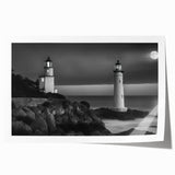 Lighthouse wall art print showcasing a serene coastal landscape with vibrant colors, perfect for home decor. Packaged rolled for easy display.