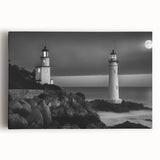 Stretched canvas wall art depicting a serene lighthouse scene on a rugged coastline, showcasing vibrant colors and intricate details, ideal for coastal decor enthusiasts.