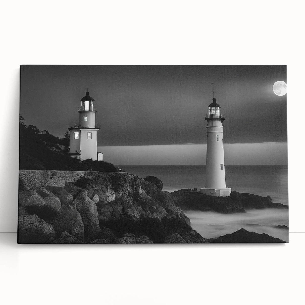 Stretched canvas print showcasing a vibrant lighthouse landscape design, leaning against a white wall, perfect for coastal-themed home decor or wall art collection.