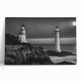 Stretched canvas print showcasing a vibrant lighthouse landscape design, leaning against a white wall, perfect for coastal-themed home decor or wall art collection.