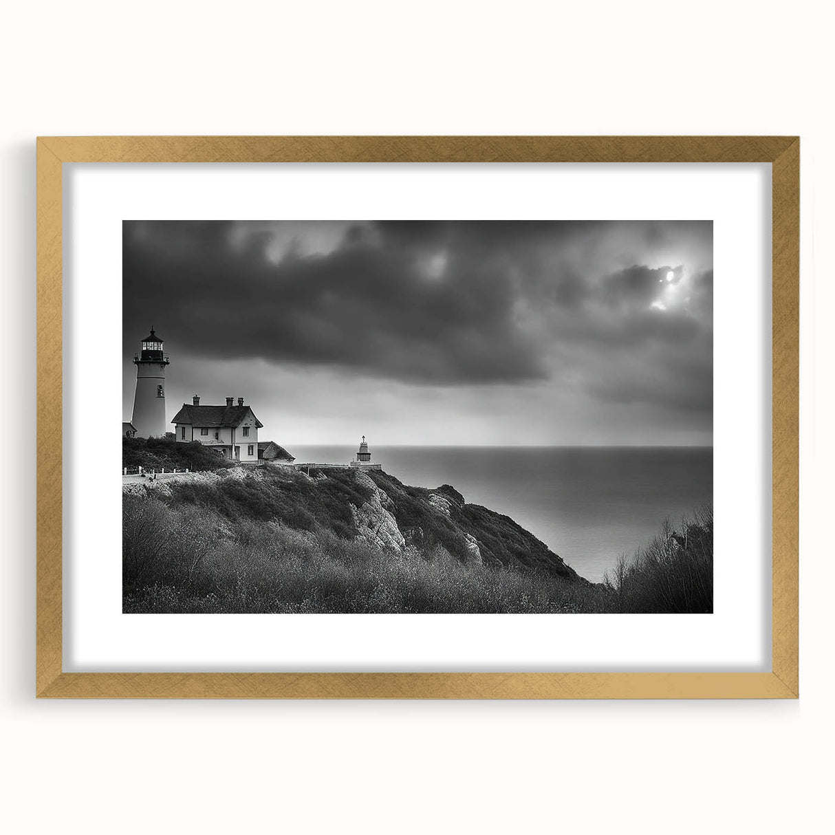Elegant gold-framed wall art showcasing a serene lighthouse landscape design, complete with a white mat, perfect for home decor and coastal-themed interiors.