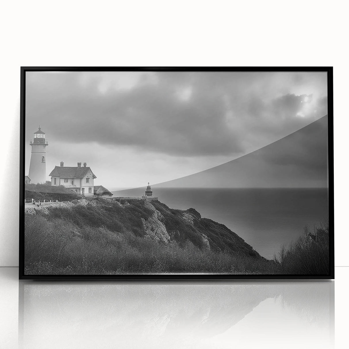 Framed wall art collection showcasing a serene lighthouse landscape design, featuring a black frame and acrylic surface, ideal for modern home decor.