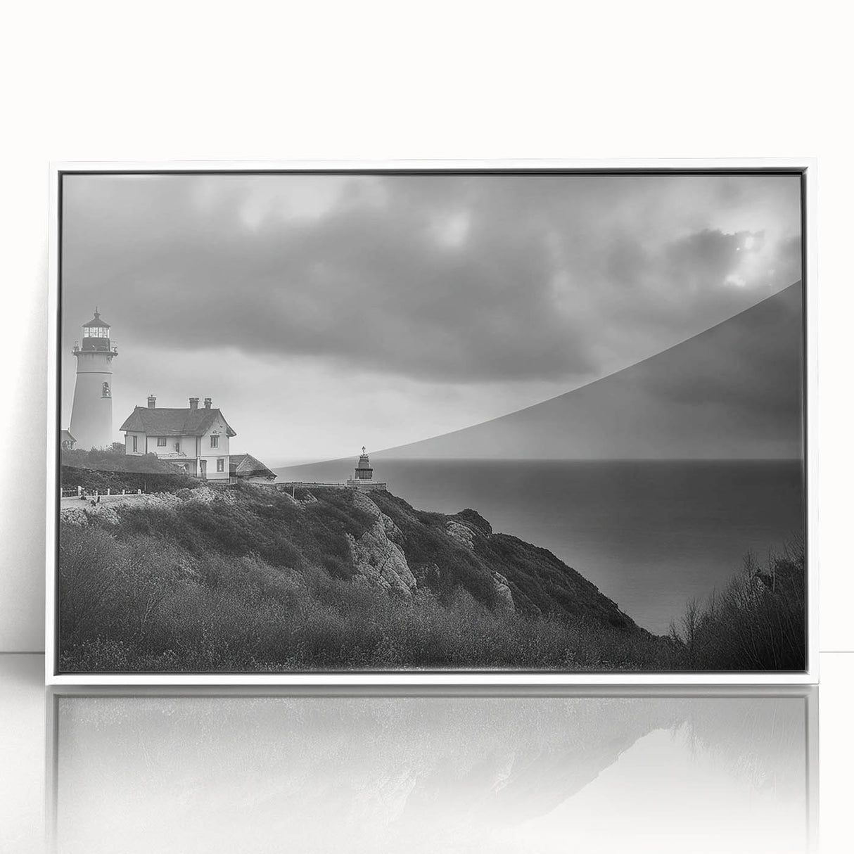 Framed acrylic wall art featuring a serene lighthouse landscape design, showcasing vibrant colors and intricate details, perfect for coastal-themed decor.
