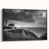 Framed canvas wall art featuring a picturesque lighthouse design, set against a vibrant landscape with rich blue skies and green fields, ideal for coastal decor.