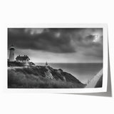 Rolled print showcasing a serene lighthouse landscape design, featuring vibrant blues and greens, ideal for coastal-themed decor, elegantly packaged for protection.