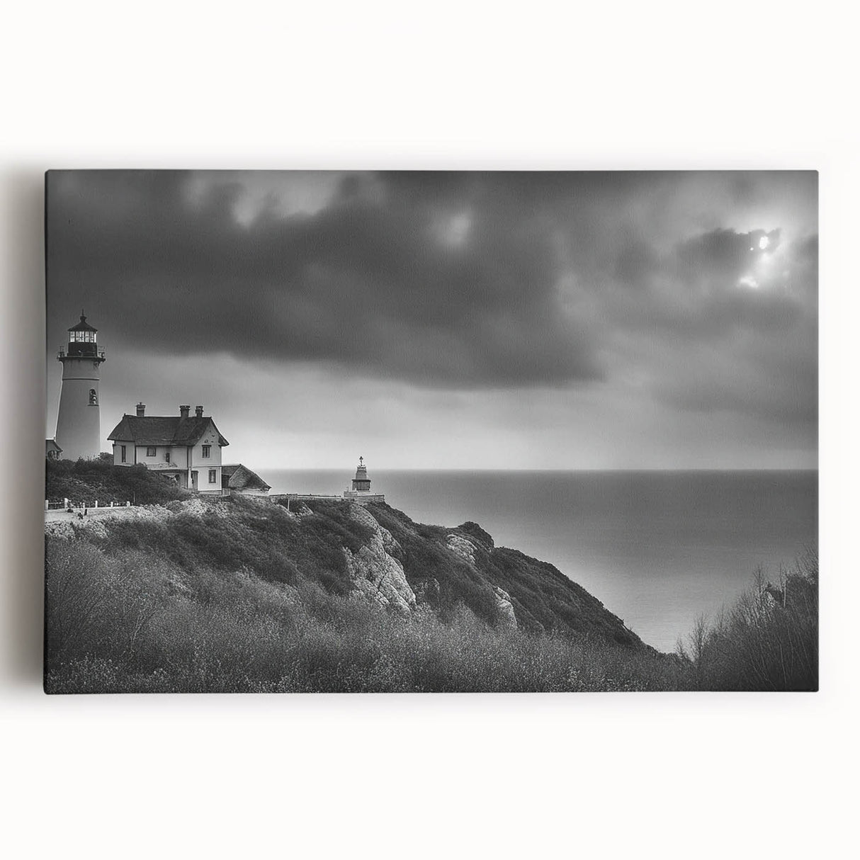 Stretched canvas wall art showcasing a serene lighthouse landscape design, featuring vibrant colors and intricate details, ideal for coastal-themed home decor.